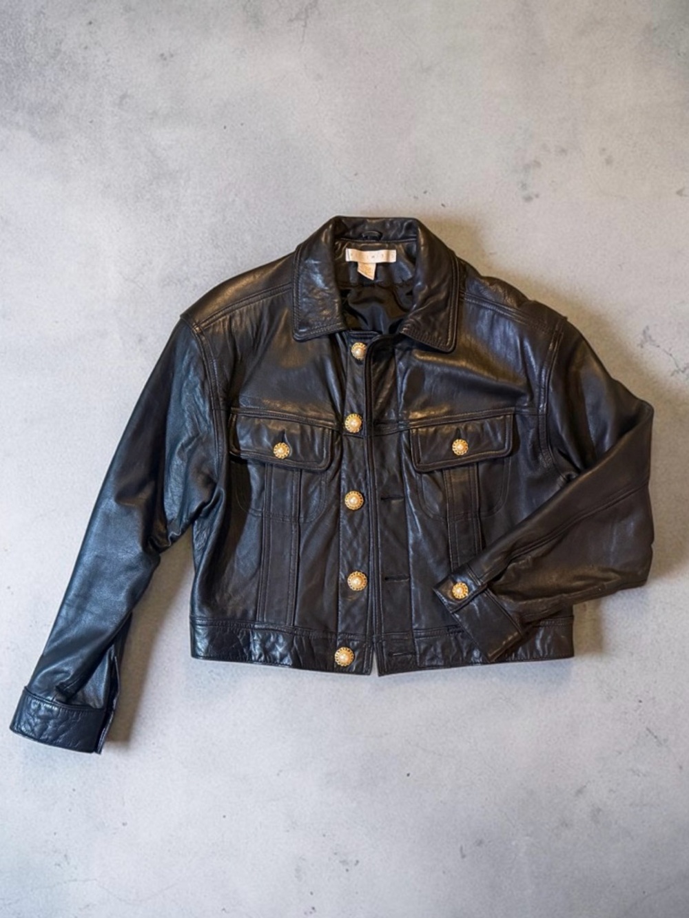 VTG 90s The Limited Black Leather Cropped Jacket Gold Medallion Buttons Women M